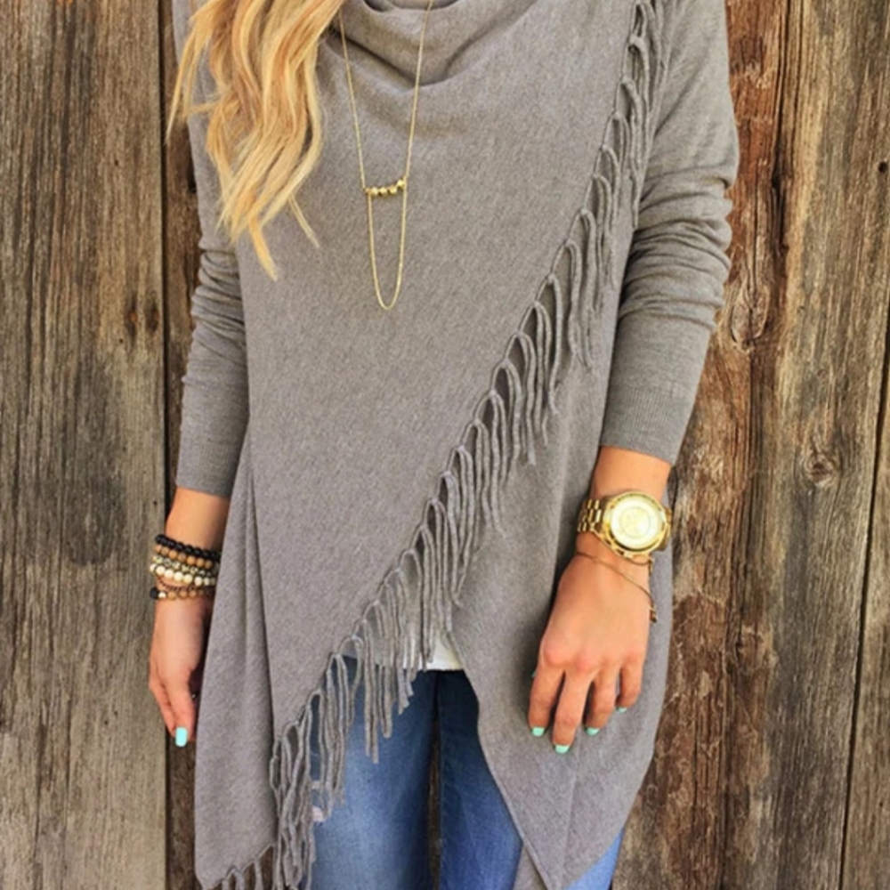 NWOT. Casual Solid Tassel Slit Asymmetrical Collar Top. Size M. Grey.